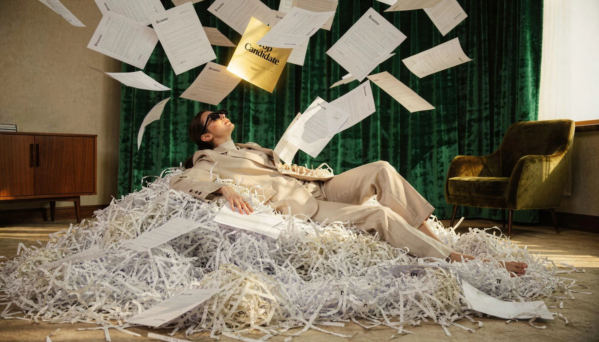 Person surrounded by papers, symbolizing the hiring challenge